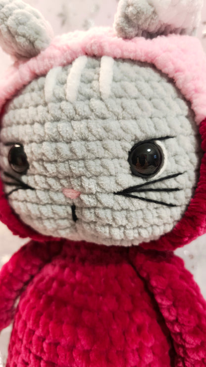 🐱 Hoodie Cat „Aislinn“ in Beere | Rosa | Grau (30 cm)