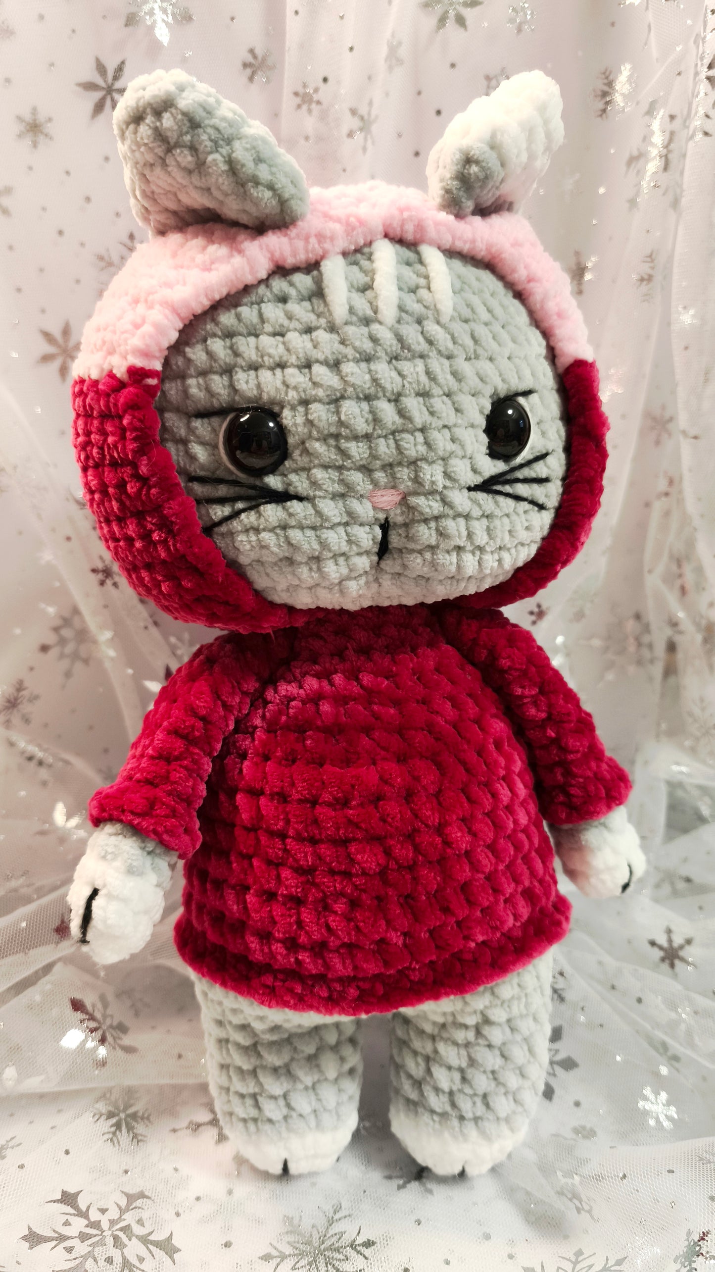 🐱 Hoodie Cat „Aislinn“ in Beere | Rosa | Grau (30 cm)