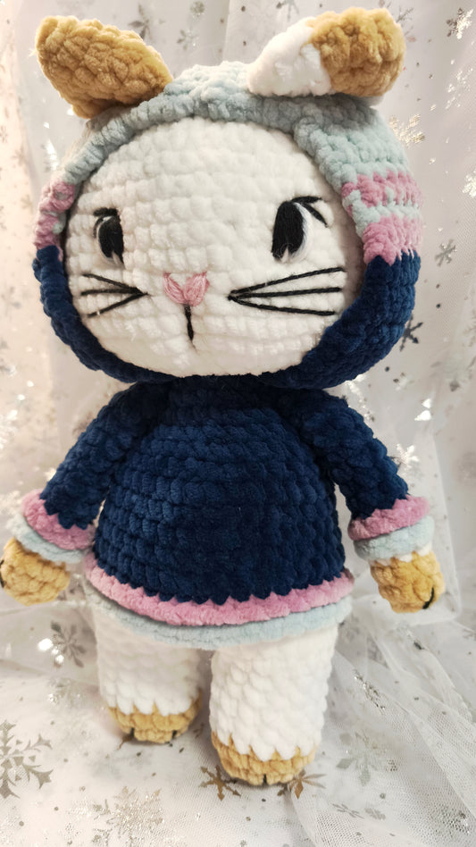 🐱 Hoodie Cat „Fionn“ in Dunkelblau | Eisblau | Lavendel ca 30 cm