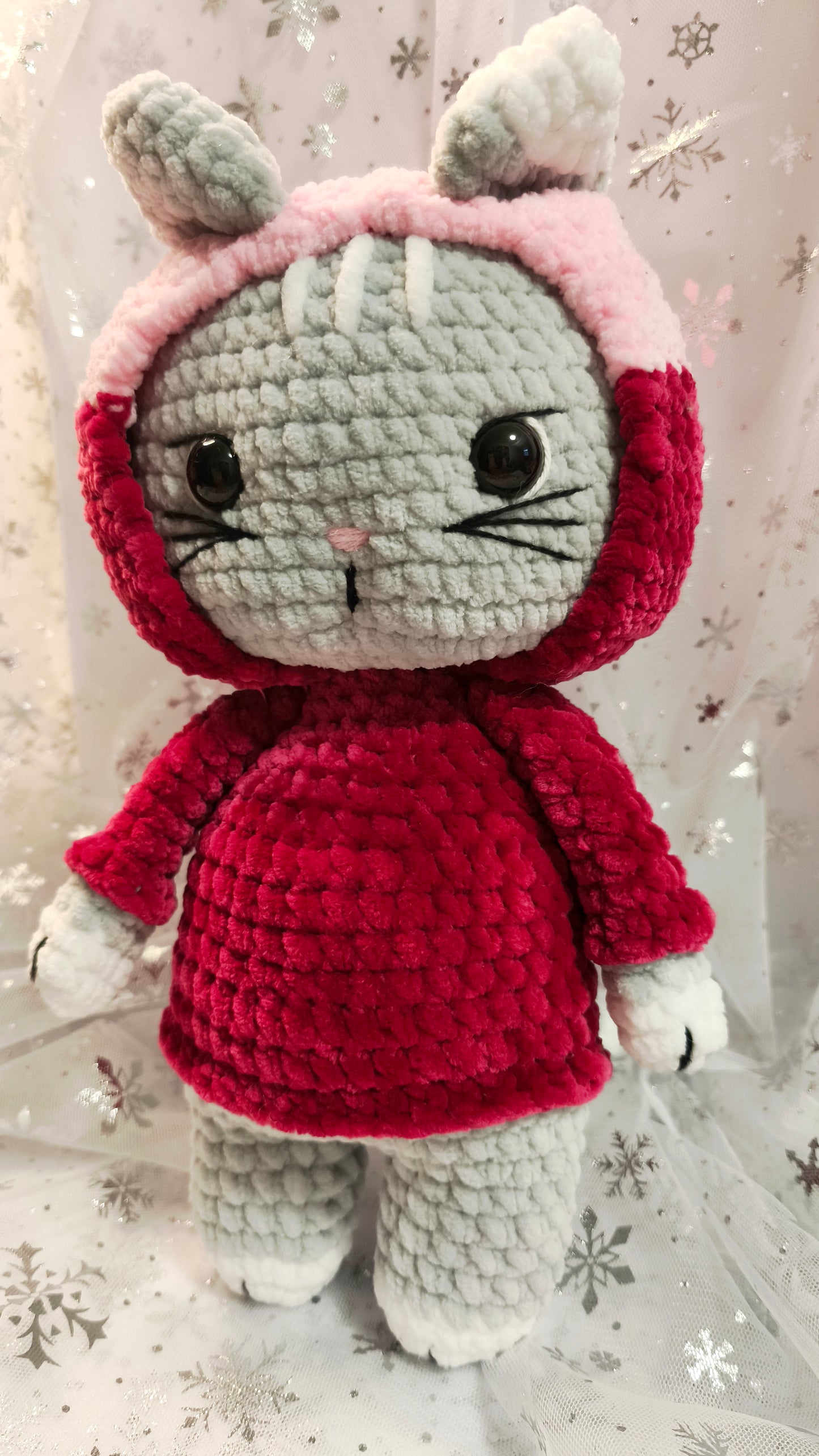 🐱 Hoodie Cat „Aislinn“ in Beere | Rosa | Grau (30 cm)